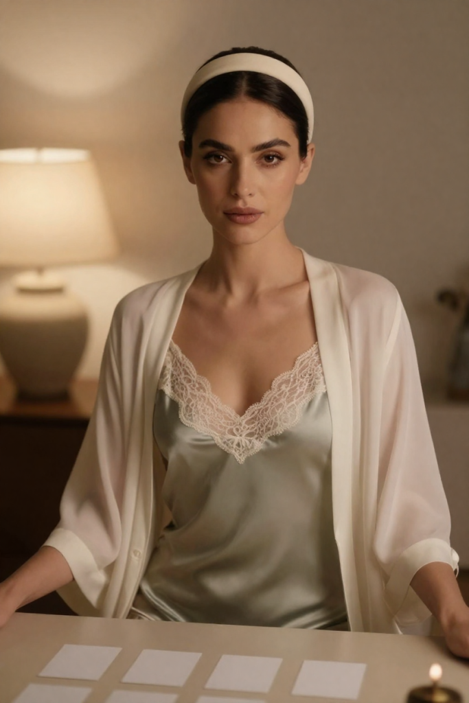 ChuhaiHelper muse in a sage silk slip dress seated at a desk with blank cards in a neat row